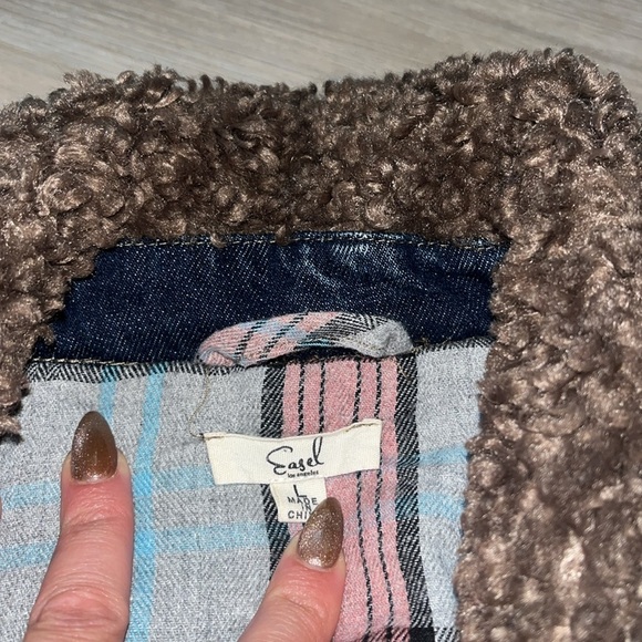 Easel Mocha Asymmetric Zip Lapel Collared Neckline Teddy Fur Denim Sherpa Jacket - Picture 6 of 13